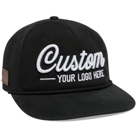 The Richardson Umpqua 256 – Woven Rope Hat is a black baseball cap featuring white embroidered text Custom - Your Logo Here on the front. Ideal for company logo hats, it includes a side patch, flat brim, and top eyelets for style and comfort.