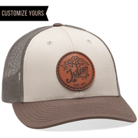 Richardson 115 low-profile trucker hats with customized promotional leather patch logo