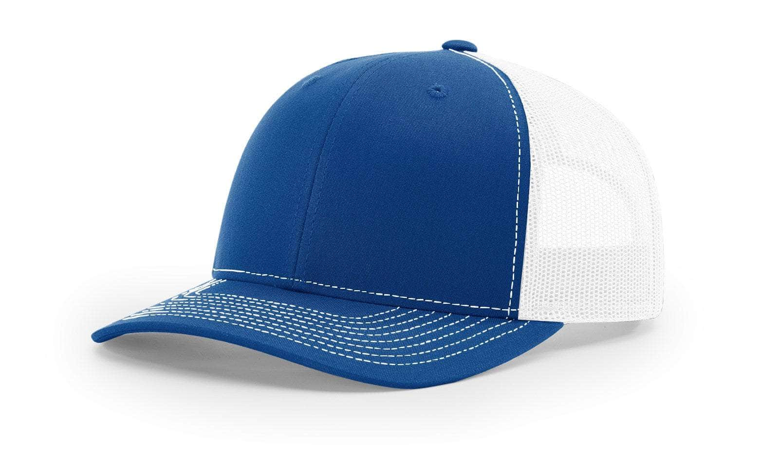 royal white custom designed richardson 112 trucker hat decorate with leather patch or embroidery with your logo online in bulk in the usa