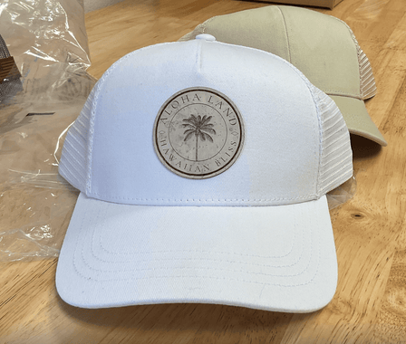 Aloha Land Eco Trucker Hat – Engraved White Cork Patch, Organic Cotton & Recycled Polyester (Wholesale)