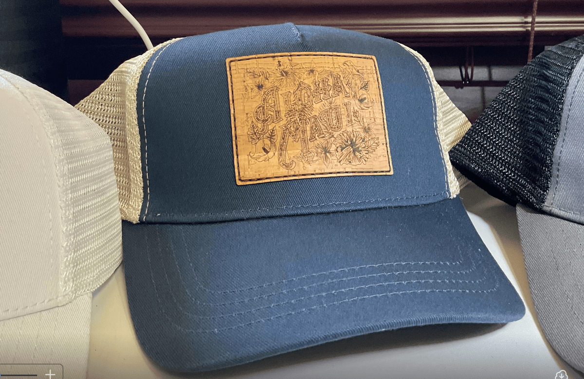 Aloha Maui Eco Trucker Hat – Engraved Cork Patch, Organic Cotton & Recycled Polyester (Wholesale)