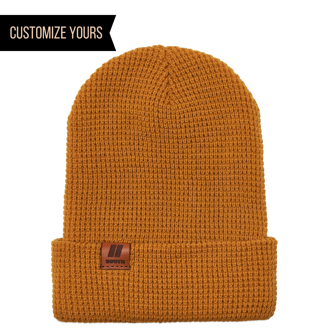 Waffle Knit Wheat Caramel Richardson 146 winter knit beanie cap with customizable logo on a leather tag in bulk 