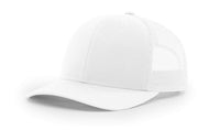 white custom designed richardson 112 trucker hat decorate with leather patch or embroidery with your logo online in bulk in the usa