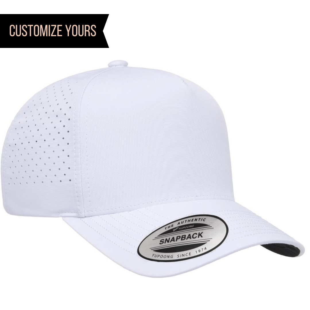 white Yupoong YP Classics - 5-Panel Snapback with Perforated Cap - 5389AP Structured, six-panel, high-profile Made from light-weight polyester with perforated panels for breathability