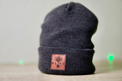 custom stocking cap with leather logo patch