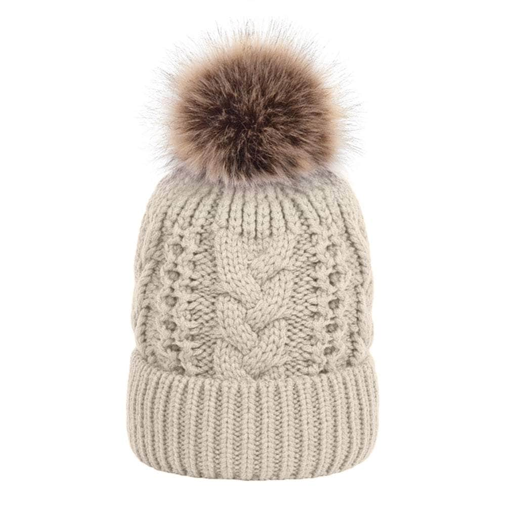 beige custom tag TOPTIE Knit Hat Faux Fur Pom Pom Beanie Hat Winter Fleece Lined extra warm Cable knit removable pom 