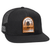 The C52-WM Wool Trucker Snapback Flat Bill Hat from BLVNK is black with white Custom Your Logo Here embroidery, a mesh back, and a small striped patch, perfect for custom hat enthusiasts looking to personalize their logo.