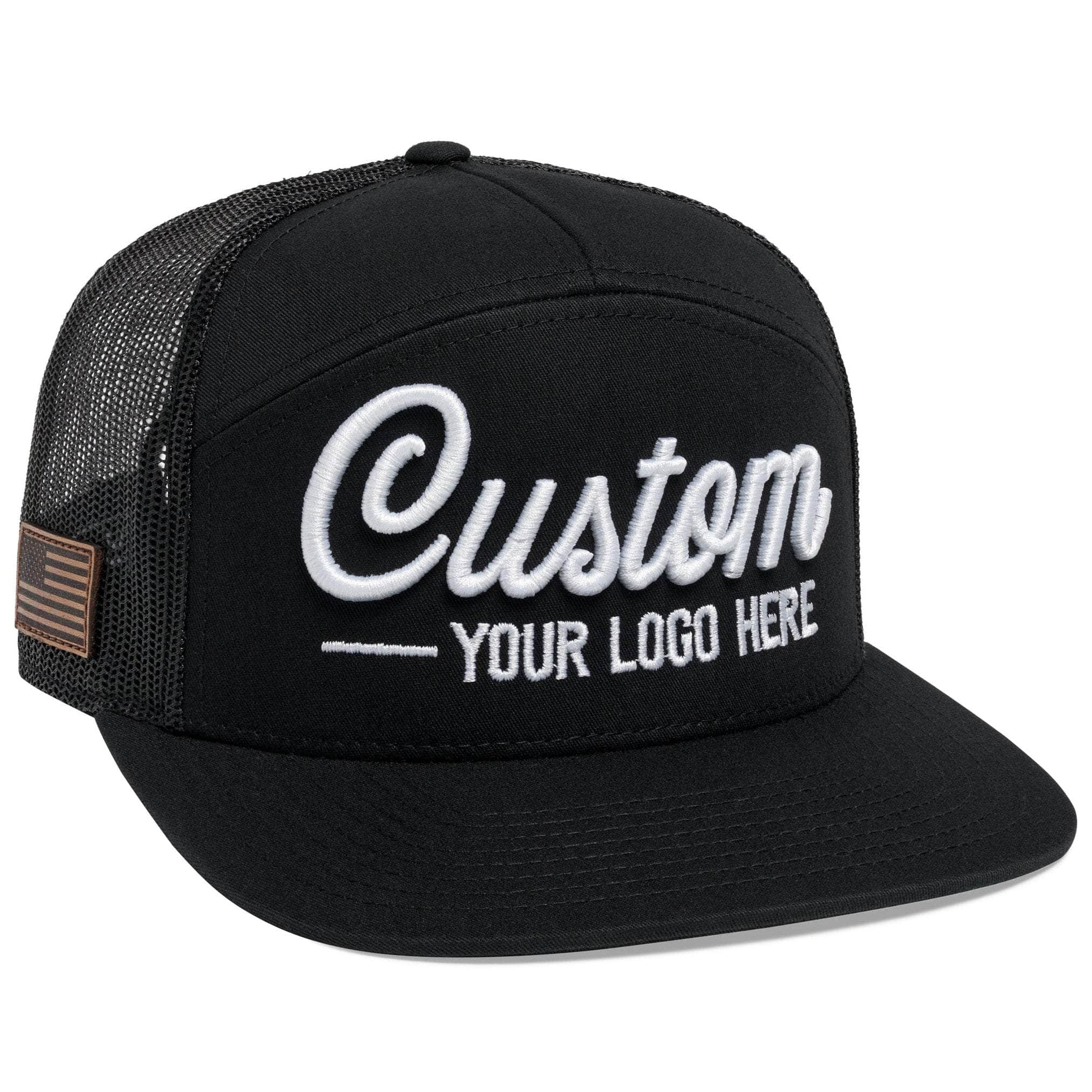 The C58-CTM by BLVNK is a black 7-panel flat bill trucker hat with a mesh back and leather patch, ideal for displaying corporate logos. It features Custom Your Logo Here in white embroidery on the front, with a curved brim and structured crown for a sleek appearance.