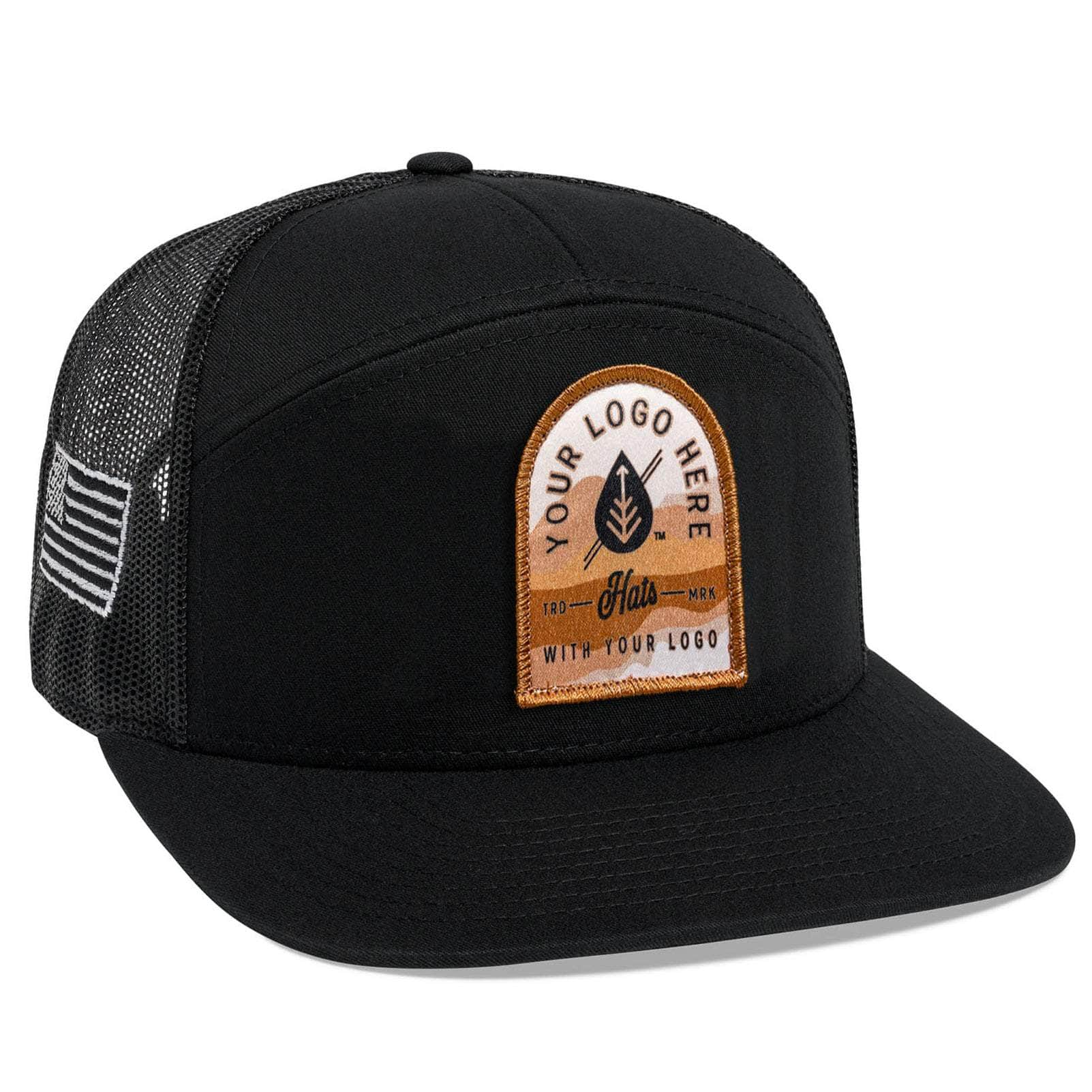 The C58-CTM by BLVNK is a black 7-panel flat bill trucker hat with a mesh back and leather patch, ideal for displaying corporate logos. It features Custom Your Logo Here in white embroidery on the front, with a curved brim and structured crown for a sleek appearance.