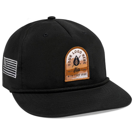 The Richardson Umpqua 256 – Woven Rope Hat is a black baseball cap featuring white embroidered text Custom - Your Logo Here on the front. Ideal for company logo hats, it includes a side patch, flat brim, and top eyelets for style and comfort.