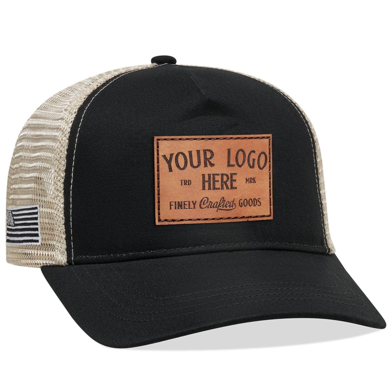 The Econscious EC7094 is a 5-panel trucker hat crafted from organic cotton and recycled polyester, perfect for branding. It features a black and beige design with a brown patch saying YOUR LOGO HERE above Finely Crafted Goods, a mesh back, and an American flag patch on the side.