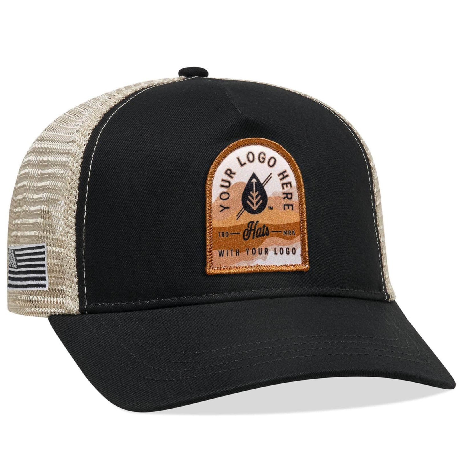 The Econscious EC7094 Trucker Hat combines organic cotton with recycled polyester and features a black and beige design. It includes a brown patch on the front for your logo, an American flag patch on the side, and a comfortable mesh back, making it ideal for custom company hats.