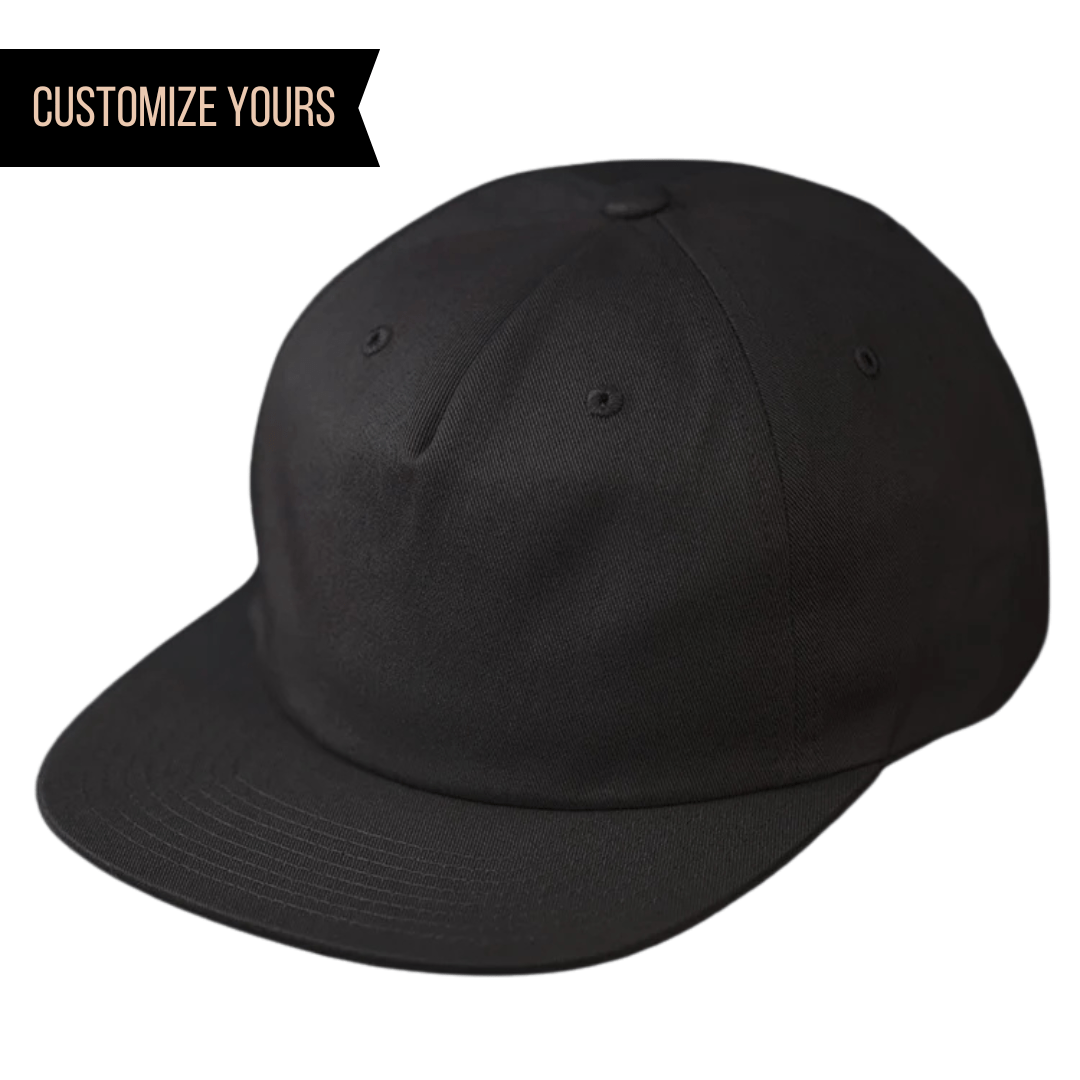 black C55-PC - COTTON PINCH FRONT UNSTRUCTURED FLAT BILL WITH PREMIUM LEATHER STRAP & BRASS CLASP FLAT BILL HAT (Bulk Custom with Your Logo)