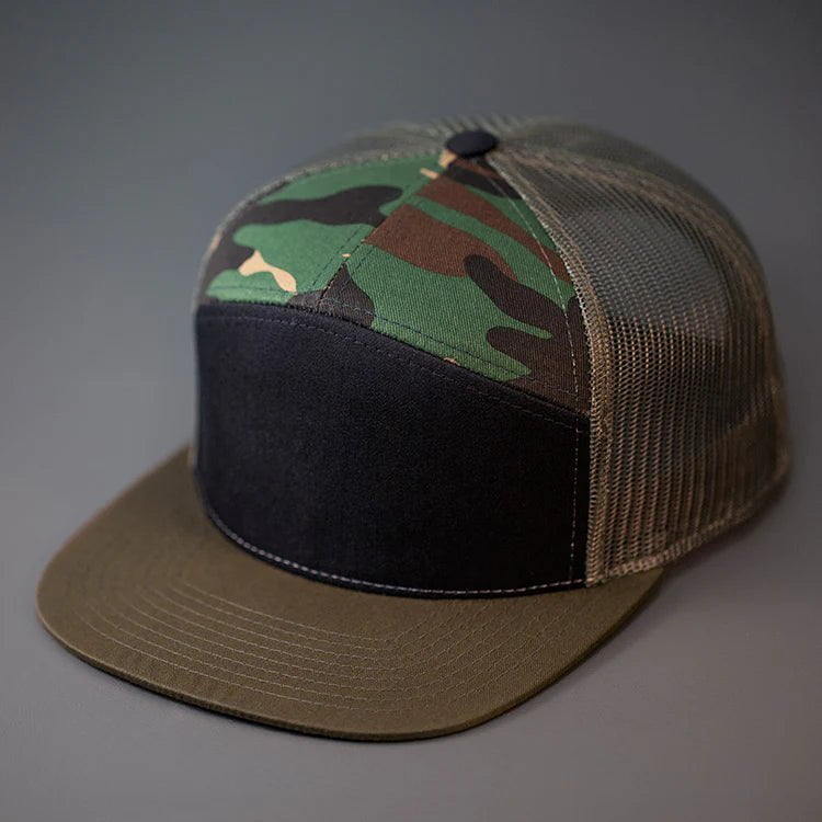 C58-CTM - 7 PANEL TRUCKER - COTTON TWILL & MESH SNAPBACK FLAT BILL HAT (Bulk Custom with Your Logo)