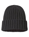 black shore custom tag sustainable cable knit cuffed beanie cap made of recycled material with custom logo in bulk