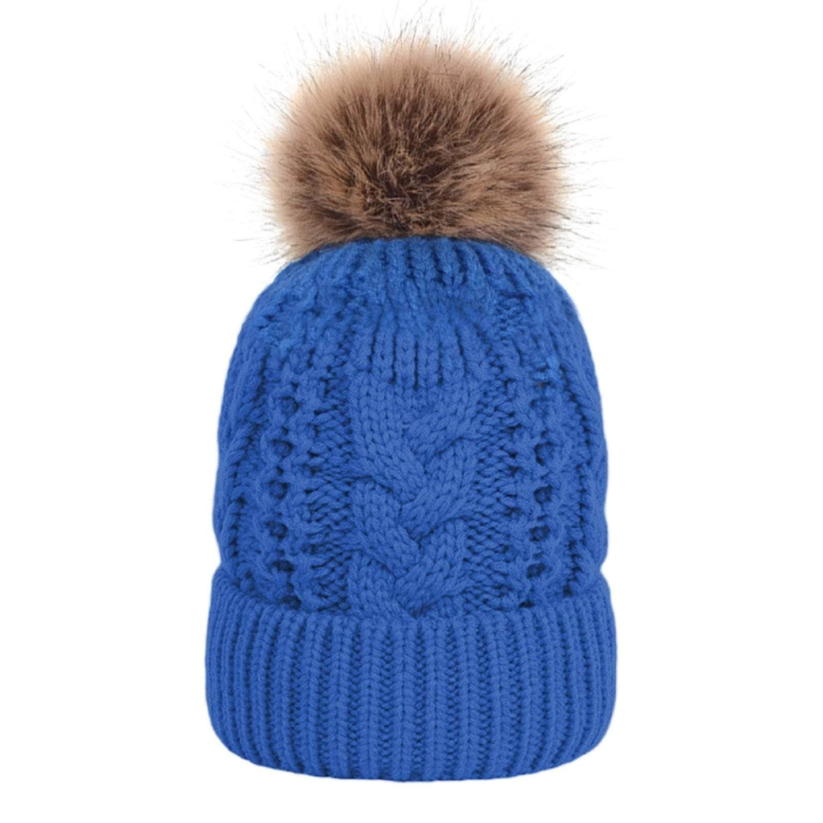 blue custom tag TOPTIE Knit Hat Faux Fur Pom Pom Beanie Hat Winter Fleece Lined extra warm Cable knit removable pom 