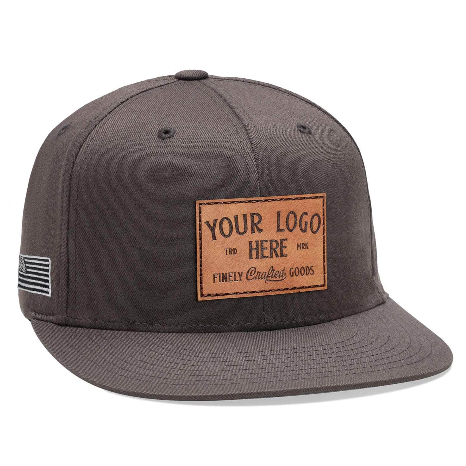 Brown Flexfit 6297F custom leather patch flat bill pro baseball hat with your logo by Dekni Creations