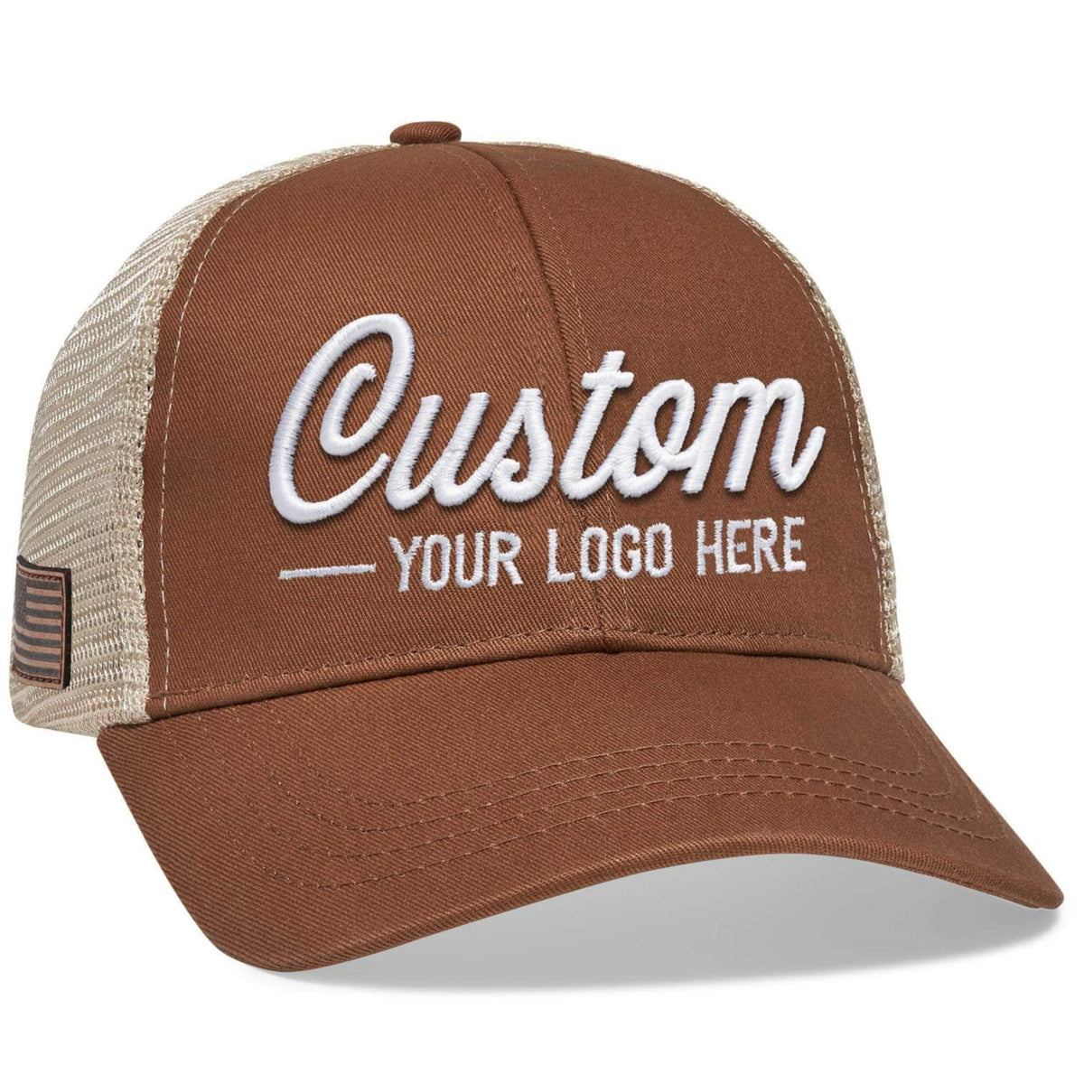 The Econscious EC7070 Sustainable Organic Cotton &amp; Recycled Polyester Trucker Hat, available in brown and beige with a white embroidered Custom - Your Logo Here, features a mesh back and curved brim for stylishly showcasing your company logo.