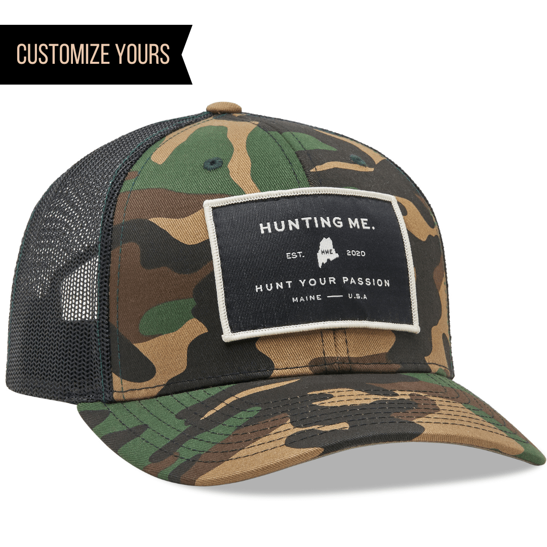 bulk Richardson 112p trucker mesh camo / black with custom woven patch logo for your company 