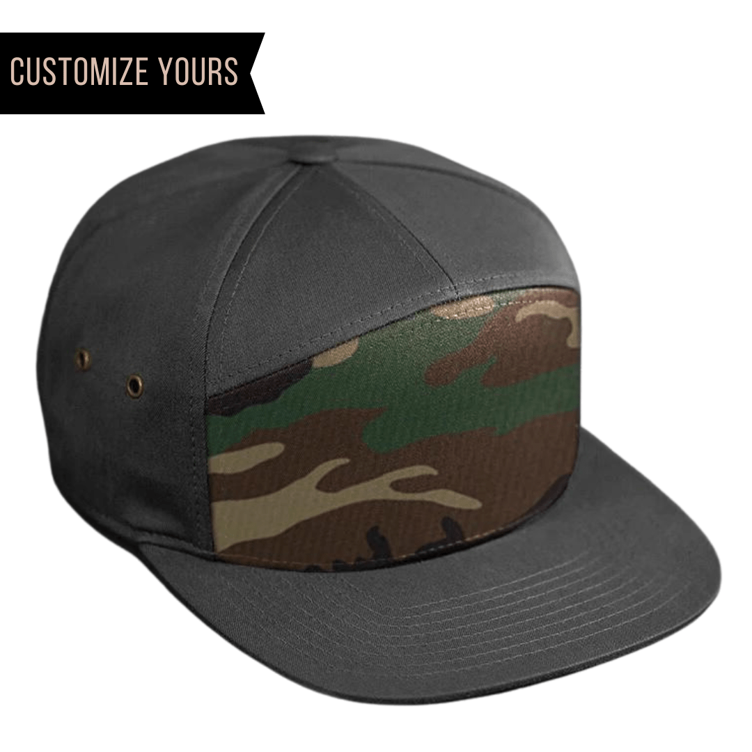 C57-CT Custom 7 Panel Cotton Twill Leather Strapback Flat Bill Hat (Bulk Custom with Your Logo)