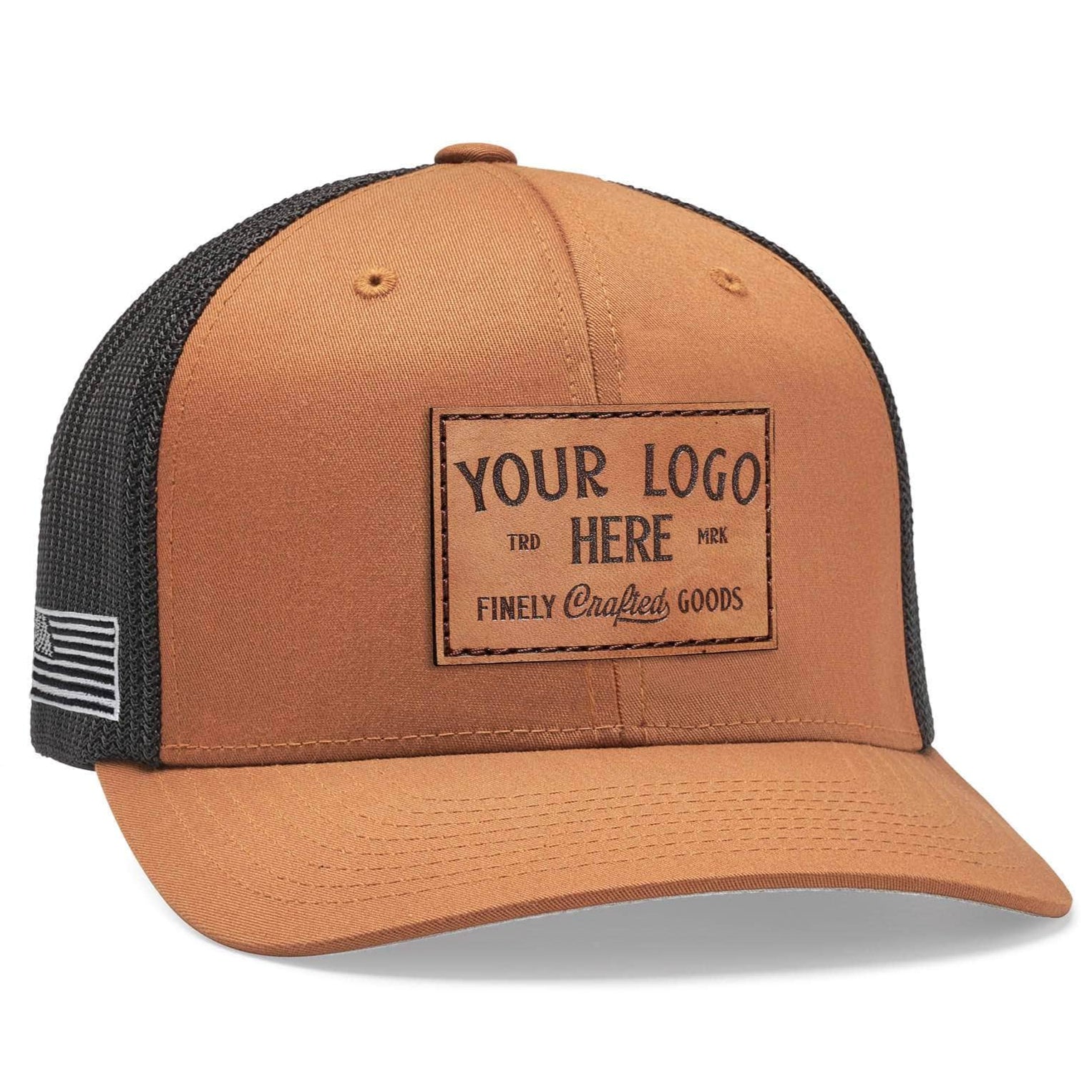 Caramel black front Flexfit 6511 custom leather patch trucker hat with your logo by Dekni Creations