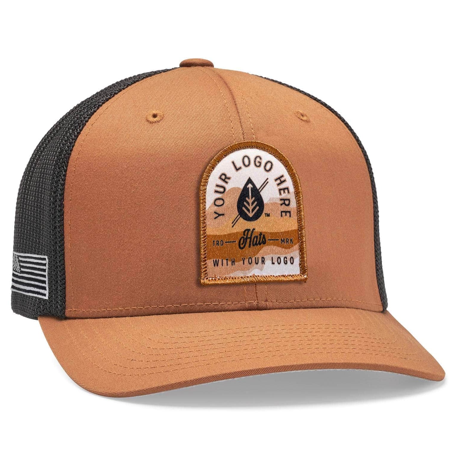 Caramel black front Flexfit 6511 custom patch trucker hat with your logo by Dekni Creations