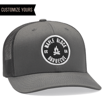 charcoal 6606 yupoong trucker mesh snapback hat with custom patch logo with merrowed edge and customize yours badge and order in bulk