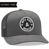 charcoal sustainable recycled  eco 6606r trucker mesh snapback hat with custom patch logo with merrowed edge and customize yours badge and order in bulk