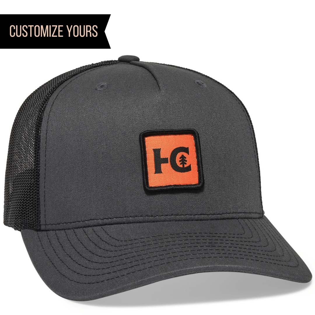 charcoal Richardson 112FP Snapback Trucker Hat 5 panel with custom logo patch decorated in the usa in Bulk and wholesale customized with Your Logo for business from best hat company online 