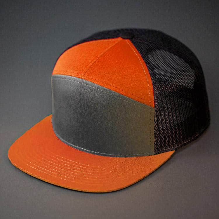 C58-CTM - 7 PANEL TRUCKER - COTTON TWILL & MESH SNAPBACK FLAT BILL HAT (Bulk Custom with Your Logo)