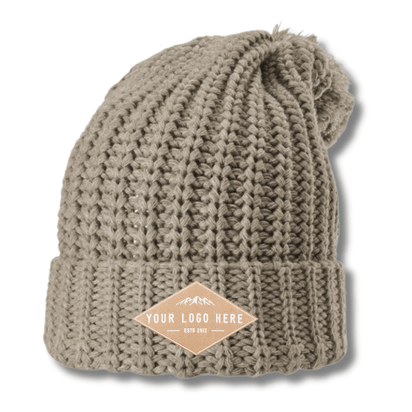 Richardson 143 – Chunky Cable Knit Slouch Beanie with Cuff & Pom | Custom Beanies with Your Logo in Bulk-woven-patch-Dekni Creations Inc.