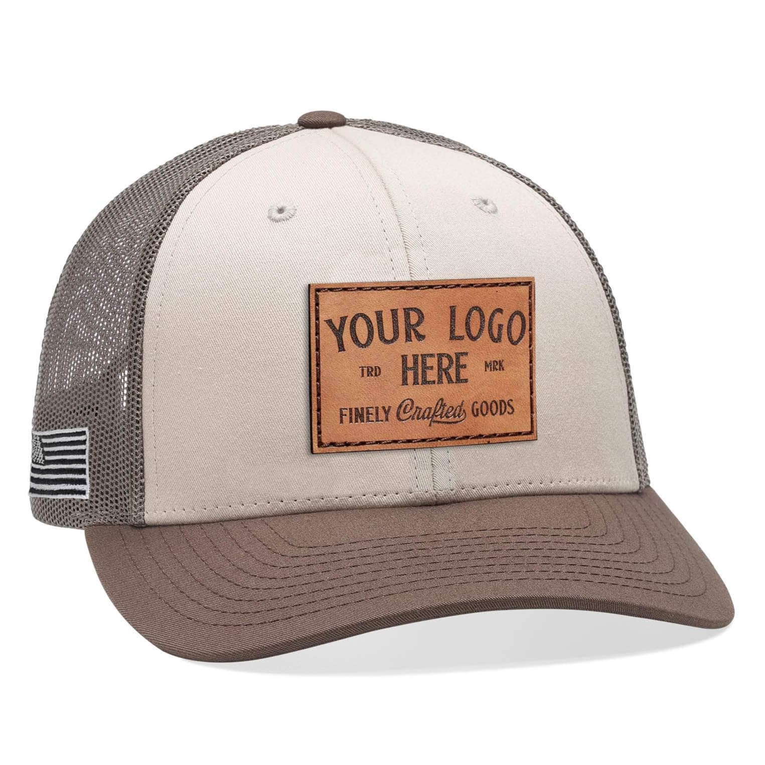 Cream brown Richardson 115 custom leather patch low profile trucker hat with your logo by Dekni Creations