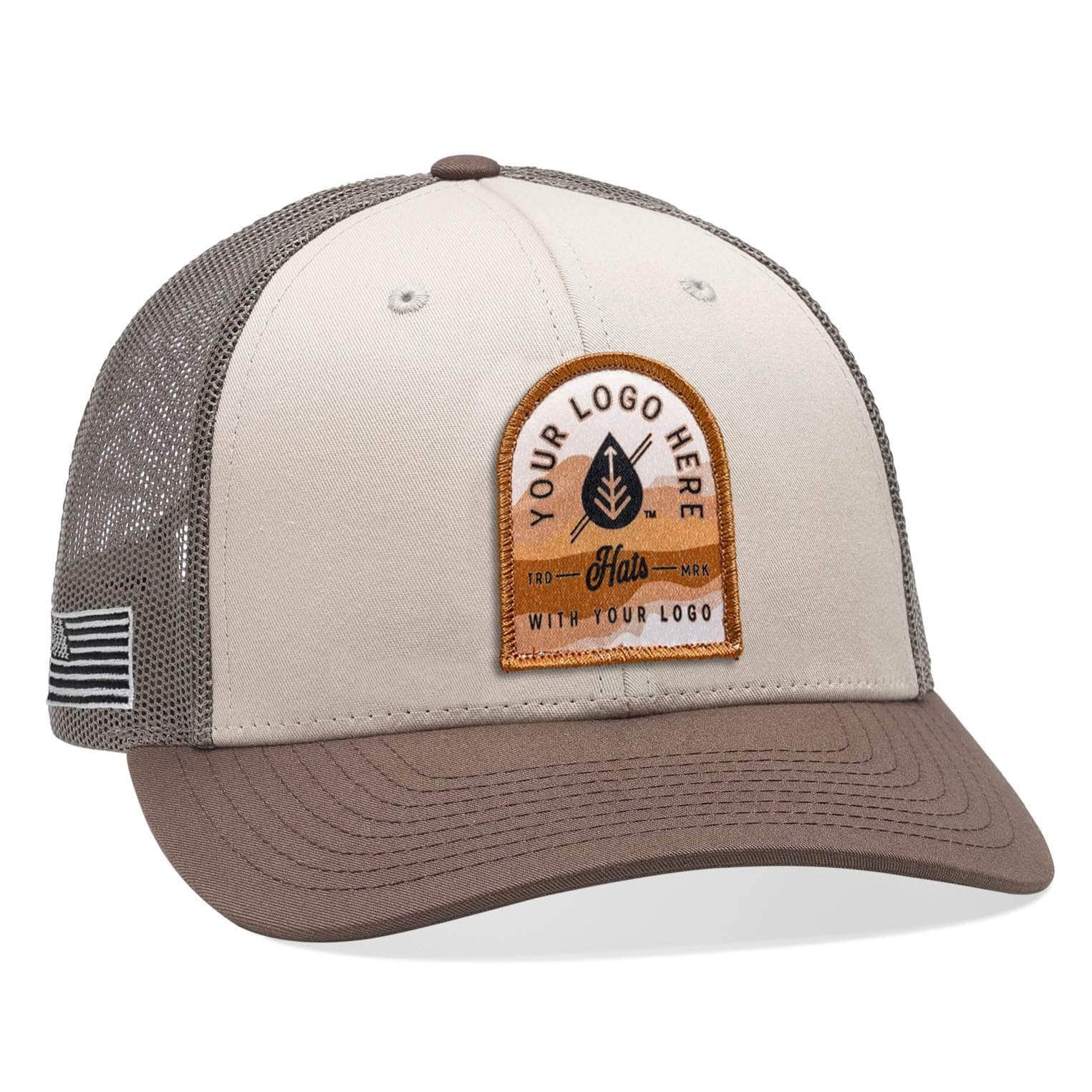 Cream brown Richardson 115 custom patch low profile trucker hat with your logo by Dekni Creations