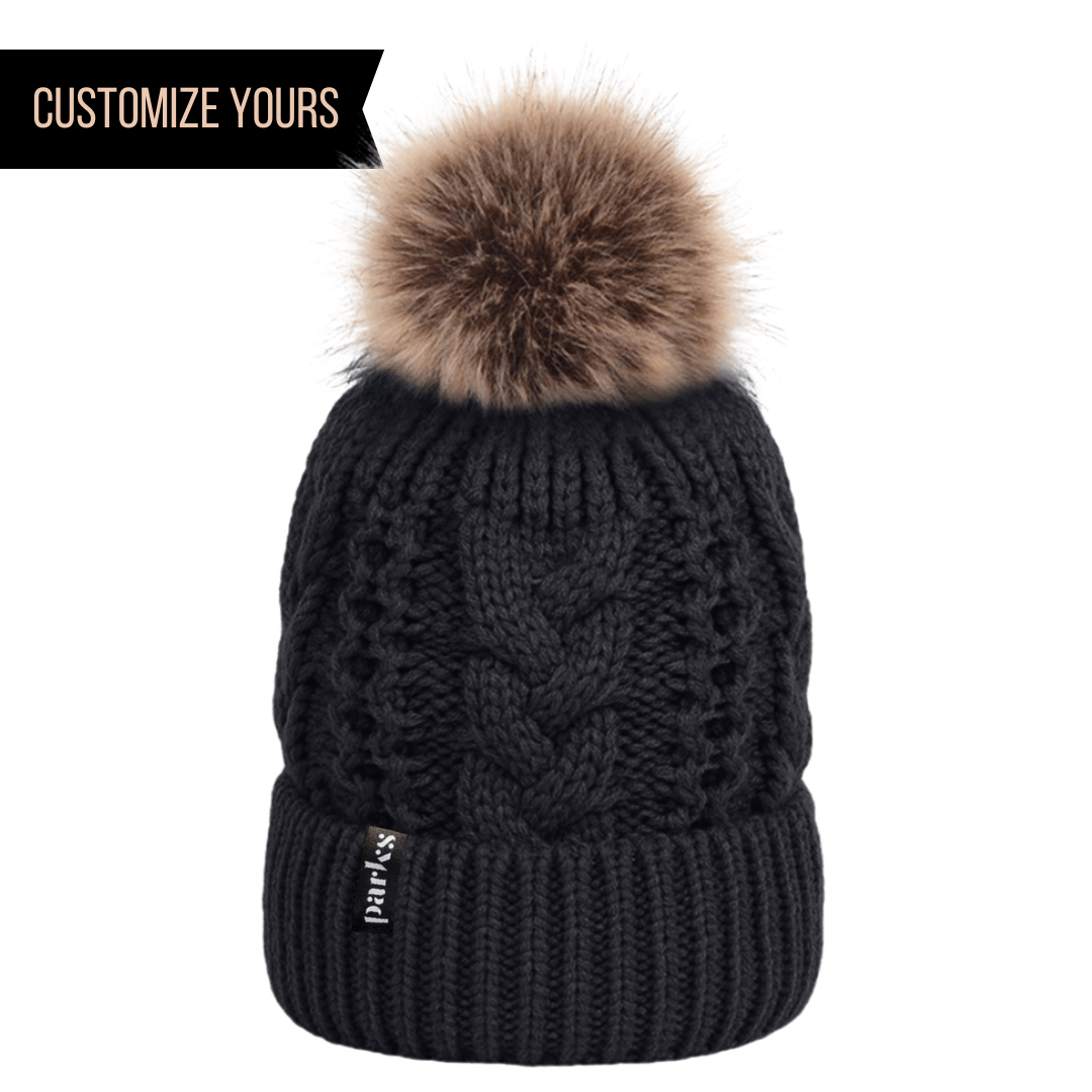 custom tag TOPTIE Knit Hat Faux Fur Pom Pom Beanie Hat Winter Fleece Lined extra warm Cable knit removable pom bulk