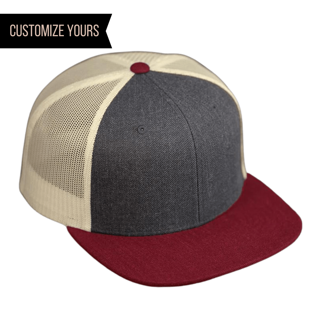 customizable logo blue maroon trucker hat 