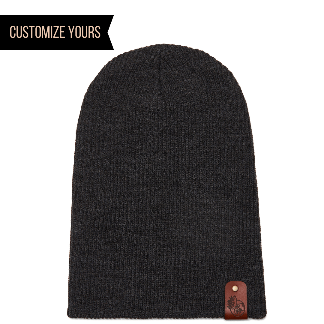  customizable logo on Baker Beanie Heather Charcoal reversible uncuffed slouch beanie with genuine sustainable veg tan leather tag custom logo in bulk online