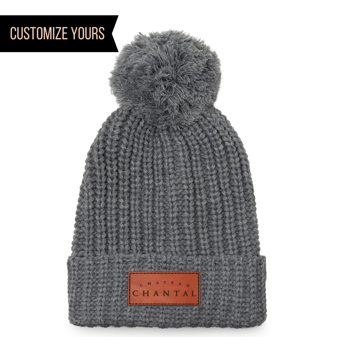 custom winter hats with logo on Richardson 143 Heather Grey knit beanie leather patch logo eco friendly veg tan leather 