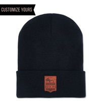 customized cp90 knit beanie hat leather patch logo eco friendly veg tan leather
