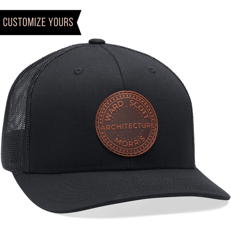 Custom Patch Classic Six Panel Trucker Logo initials Vegan Leather Laser Engraved Customized Personalized Dad Son Hat Business Rivet Tag Hat Navy /