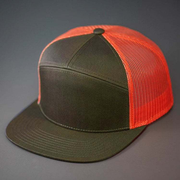 C58-CTM - 7 PANEL TRUCKER - COTTON TWILL & MESH SNAPBACK FLAT BILL HAT (Bulk Custom with Your Logo)