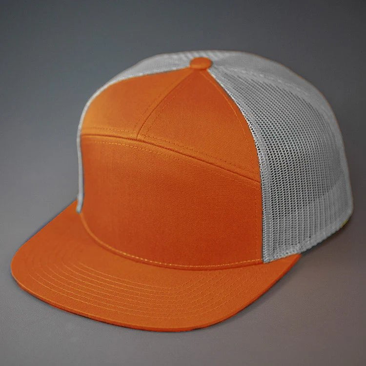 C58-CTM - 7 PANEL TRUCKER - COTTON TWILL & MESH SNAPBACK FLAT BILL HAT (Bulk Custom with Your Logo)