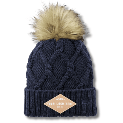 New Era® NE911 – Faux Fur Pom Cable Knit Ribbed Cuff Beanie | Custom Hats with Your Logo in Bulk-woven-patch-Dekni Creations Inc.