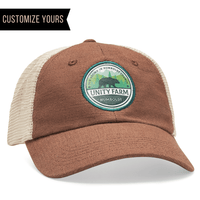 brown khaki econscious ec7095 trucker baseball cap eco friendly hemp hat with a custom patch logo made in usa wholesale and customize yours badge to order in bulk