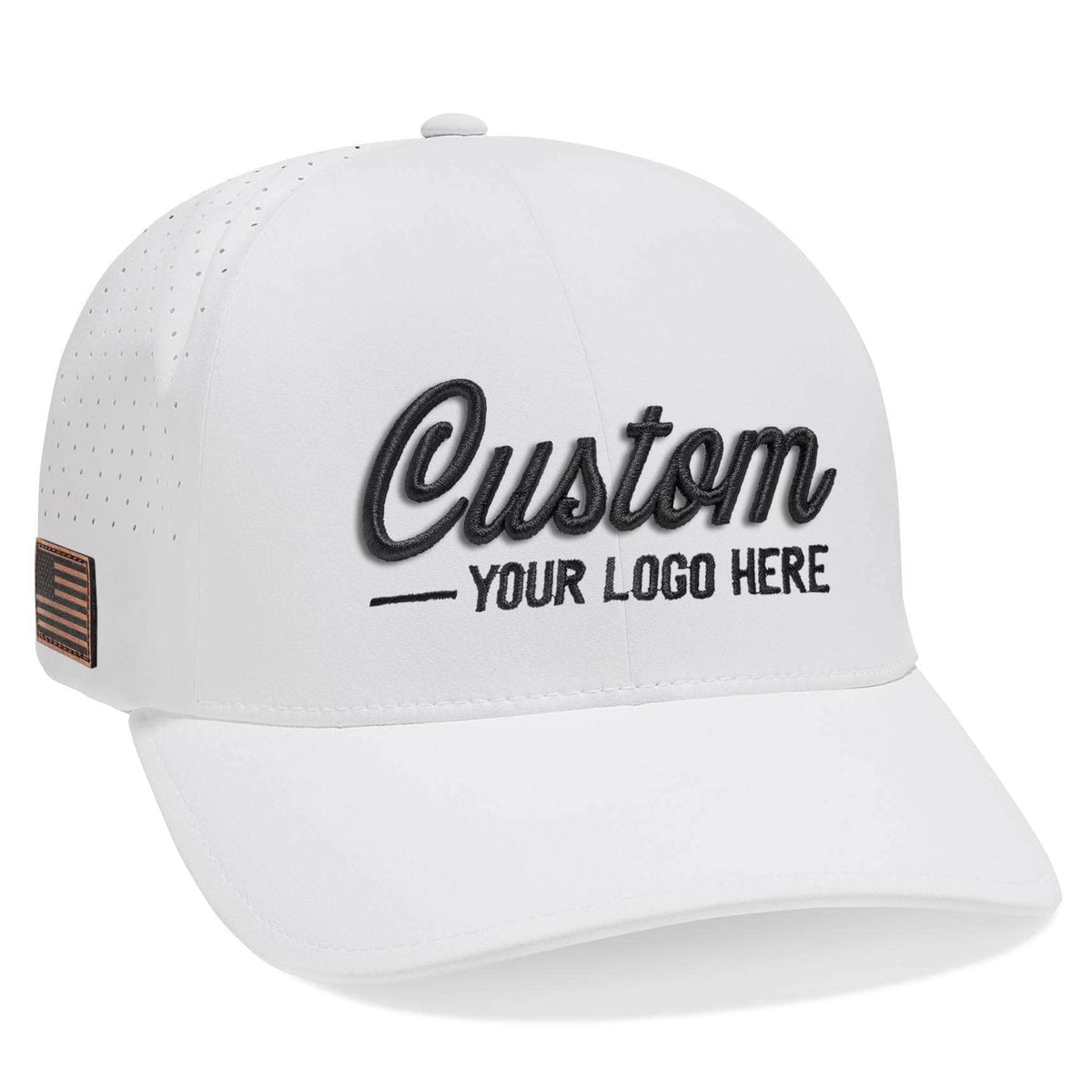 The Flexfit 180AP cap features Custom Your Logo Here embroidered in black script on a white background, with a snapback closure, perforated mesh sides, and an American flag patch on the left for stylish comfort.