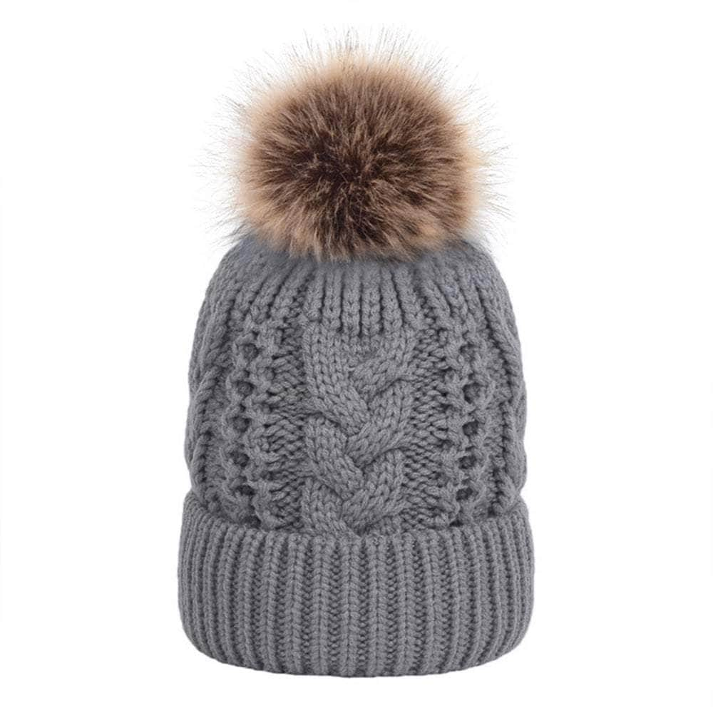 gray custom tag TOPTIE Knit Hat Faux Fur Pom Pom Beanie Hat Winter Fleece Lined extra warm Cable knit removable pom 