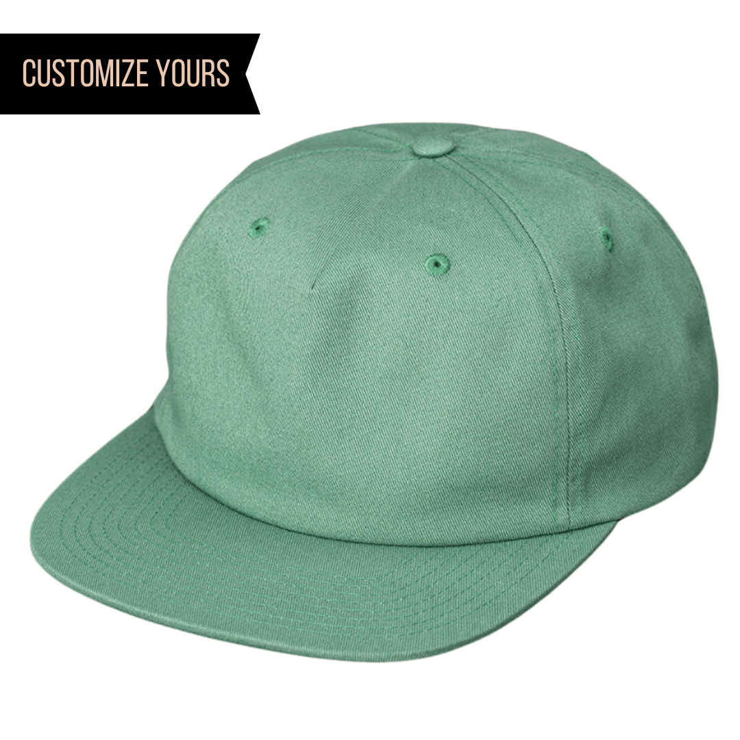 green C55-PC - COTTON PINCH FRONT UNSTRUCTURED FLAT BILL WITH PREMIUM LEATHER STRAP & BRASS CLASP FLAT BILL HAT (Bulk Custom with Your Logo) 