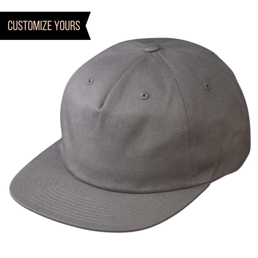 grey C55-PC - COTTON PINCH FRONT UNSTRUCTURED FLAT BILL WITH PREMIUM LEATHER STRAP & BRASS CLASP FLAT BILL HAT (Bulk Custom with Your Logo)