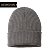 grey customized sustainable rib knit beanie cap made of recycled fabrics with custom logo on leather tag, woven patch, embroidery in bulk