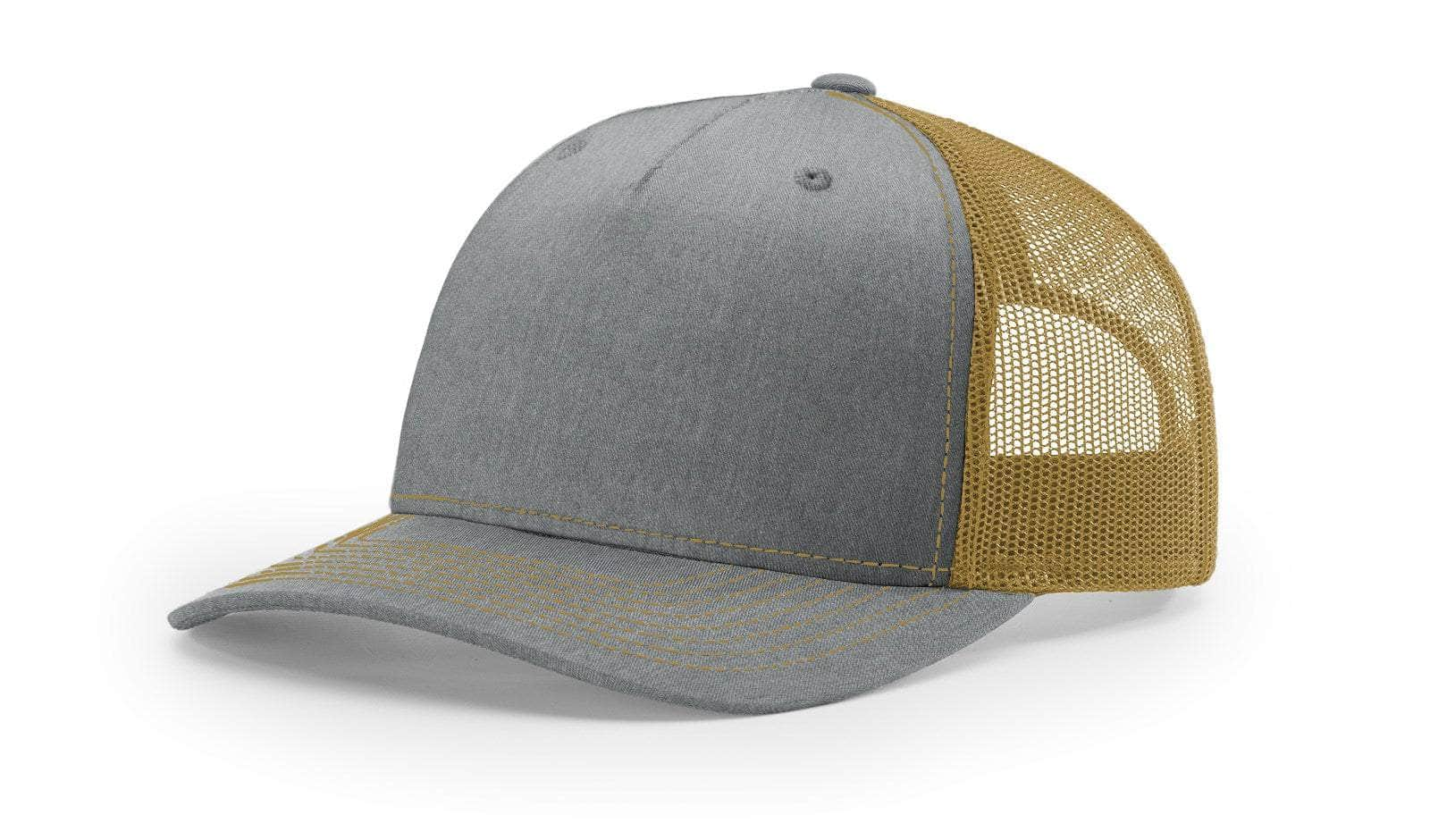 Heather Grey Amber Gold Richardson 112FP Low Profile Trucker Hat Blank for Customizing With Your Logo In Bulk by Dekni Creations