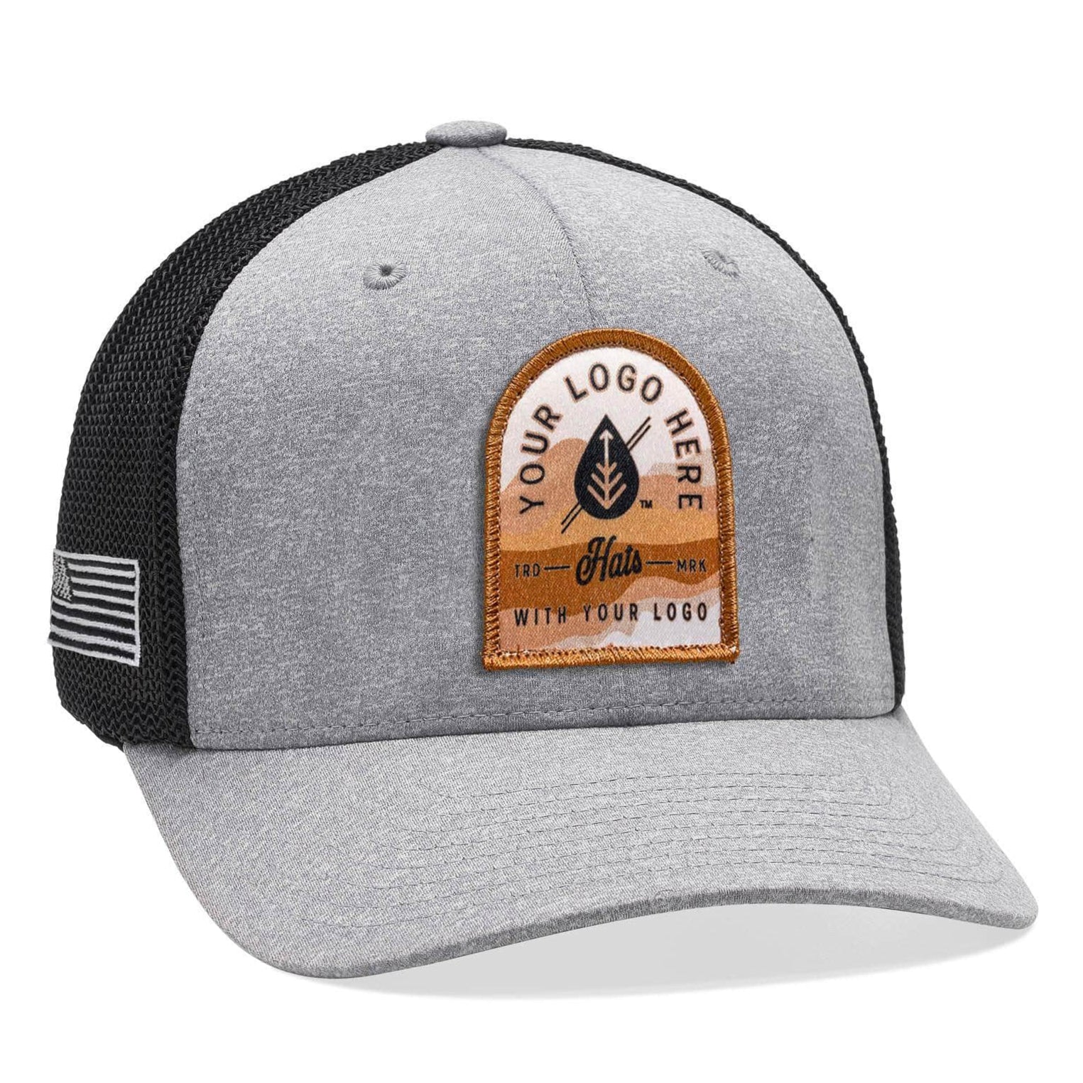 Heather grey black Flexfit 6311 custom patch trucker hat with your logo by Dekni Creations